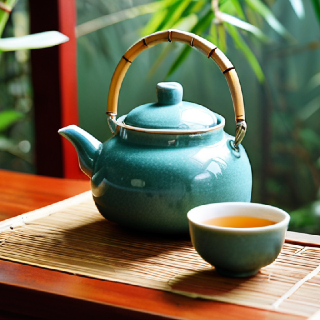 **Image Prompt:** A serene Vietnamese tea ceremony. Focus on the details: a ceramic teapot, small handleless cups, bamboo tea strainer. Capture the warmth and respect in the serving of tea, emphasizing Vietnamese hospitality. The background should hint at a traditional Vietnamese setting.