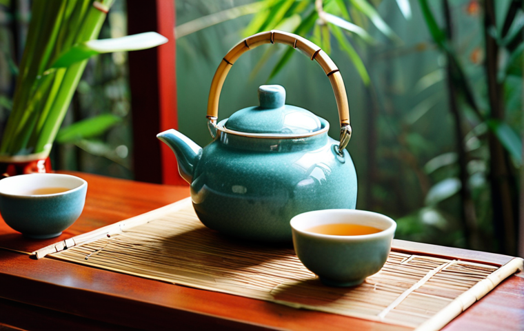 **Image Prompt:** A serene Vietnamese tea ceremony. Focus on the details: a ceramic teapot, small handleless cups, bamboo tea strainer. Capture the warmth and respect in the serving of tea, emphasizing Vietnamese hospitality. The background should hint at a traditional Vietnamese setting.