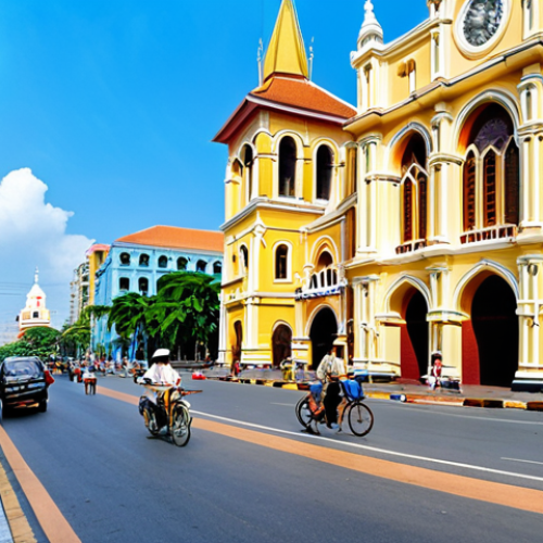 Prompt: Notre-Dame Cathedral in Ho Chi Minh City, neo-Romanesque architecture, sunny day, bustling street, Saigon Post Office in the background, blend of French and Vietnamese culture, blue sky.