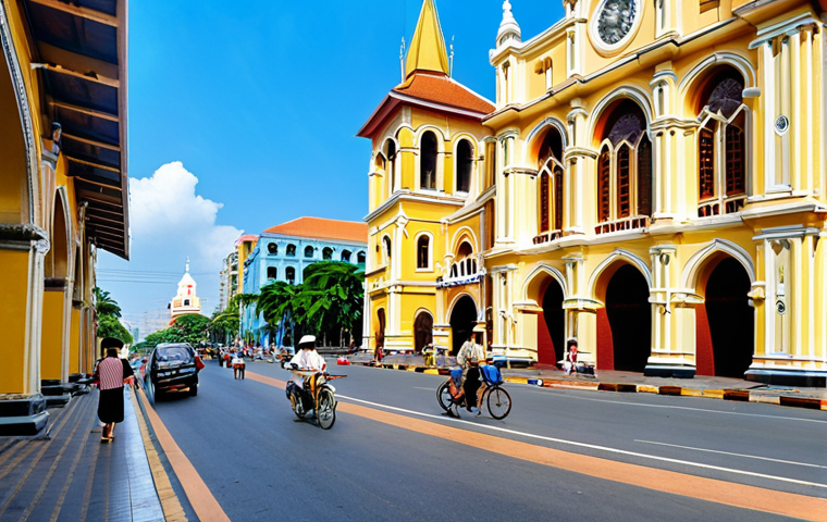 Prompt: Notre-Dame Cathedral in Ho Chi Minh City, neo-Romanesque architecture, sunny day, bustling street, Saigon Post Office in the background, blend of French and Vietnamese culture, blue sky.